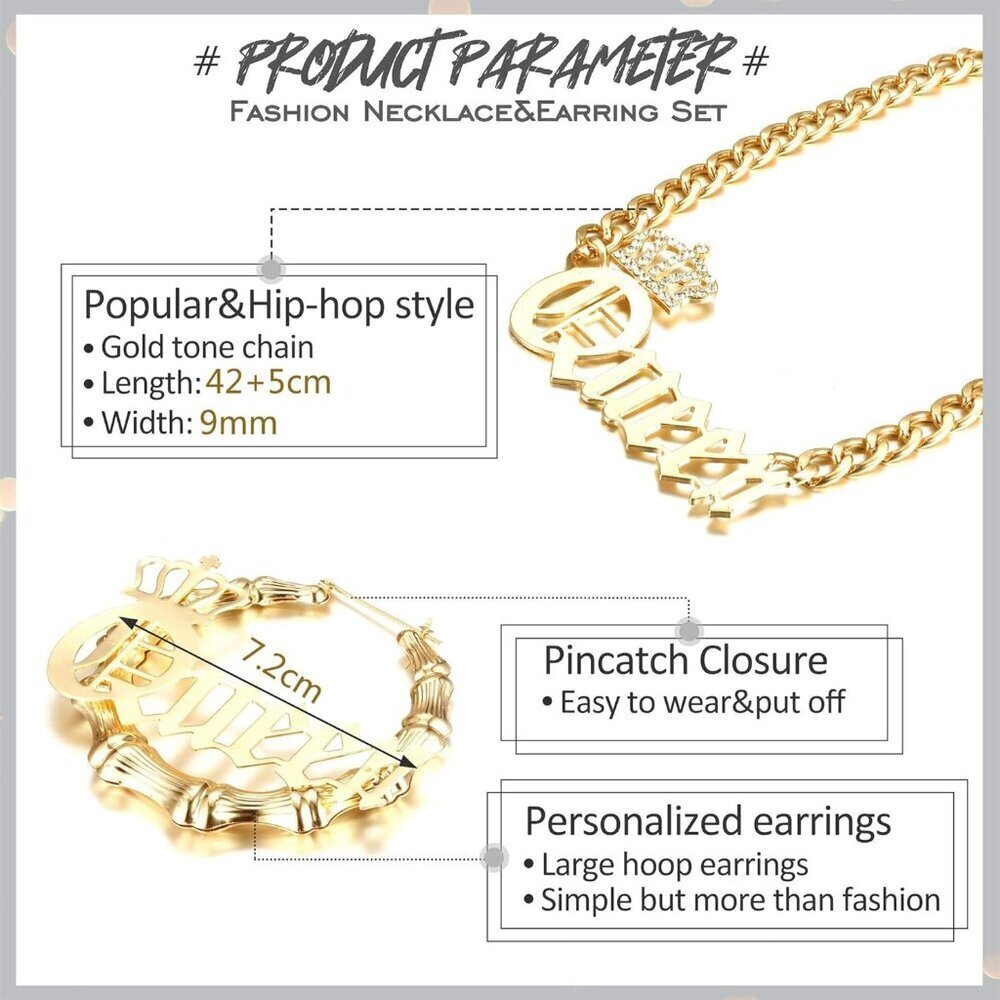 Women Punk Hip Hop Necklace Earring Set Stainless Steel 80s Bamboo Hoop - Picture 2 of 6